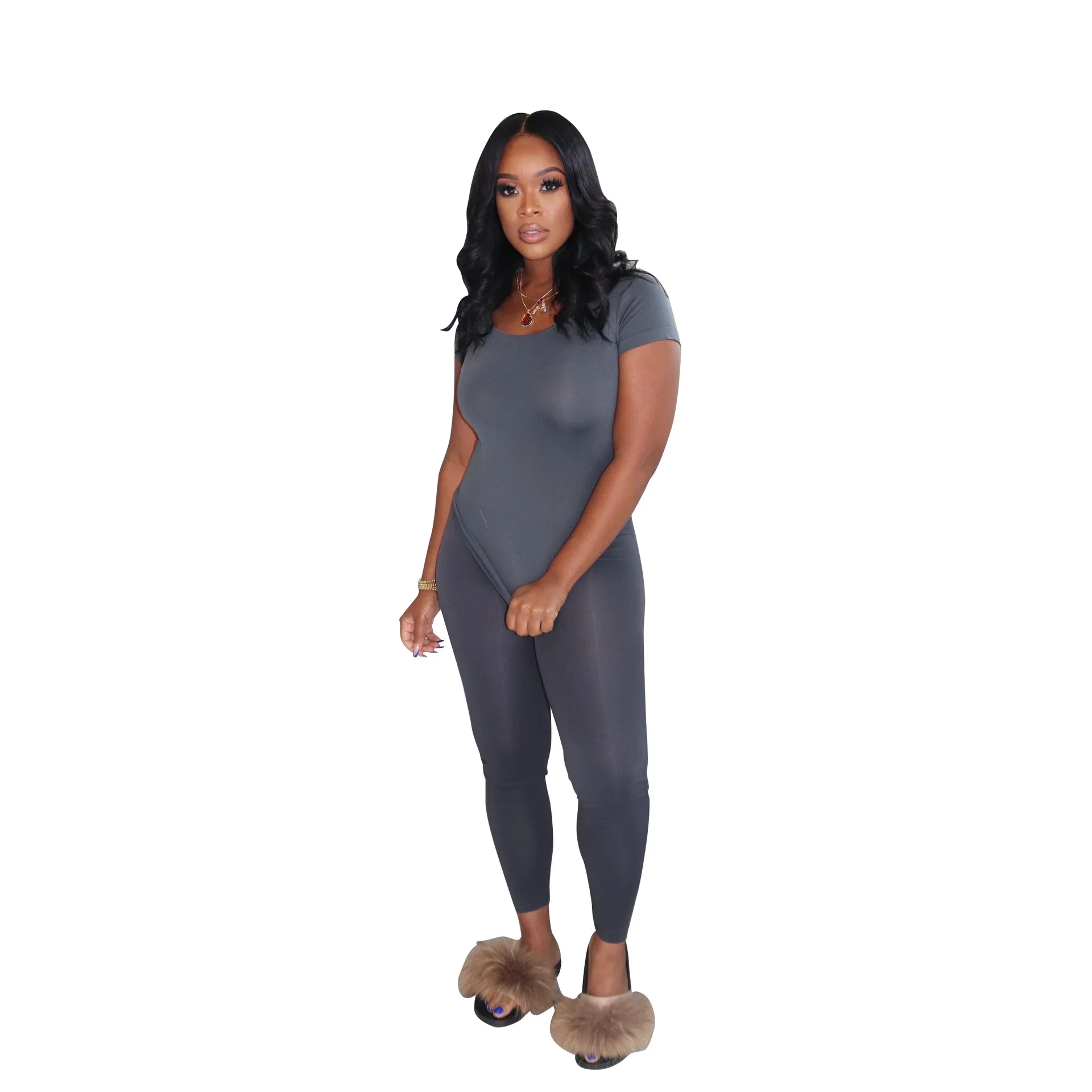 

2021 Square-Neck Solid Color Fitness Skinny Summer Bodycon Outfits Rompers Black Jumpsuits Women