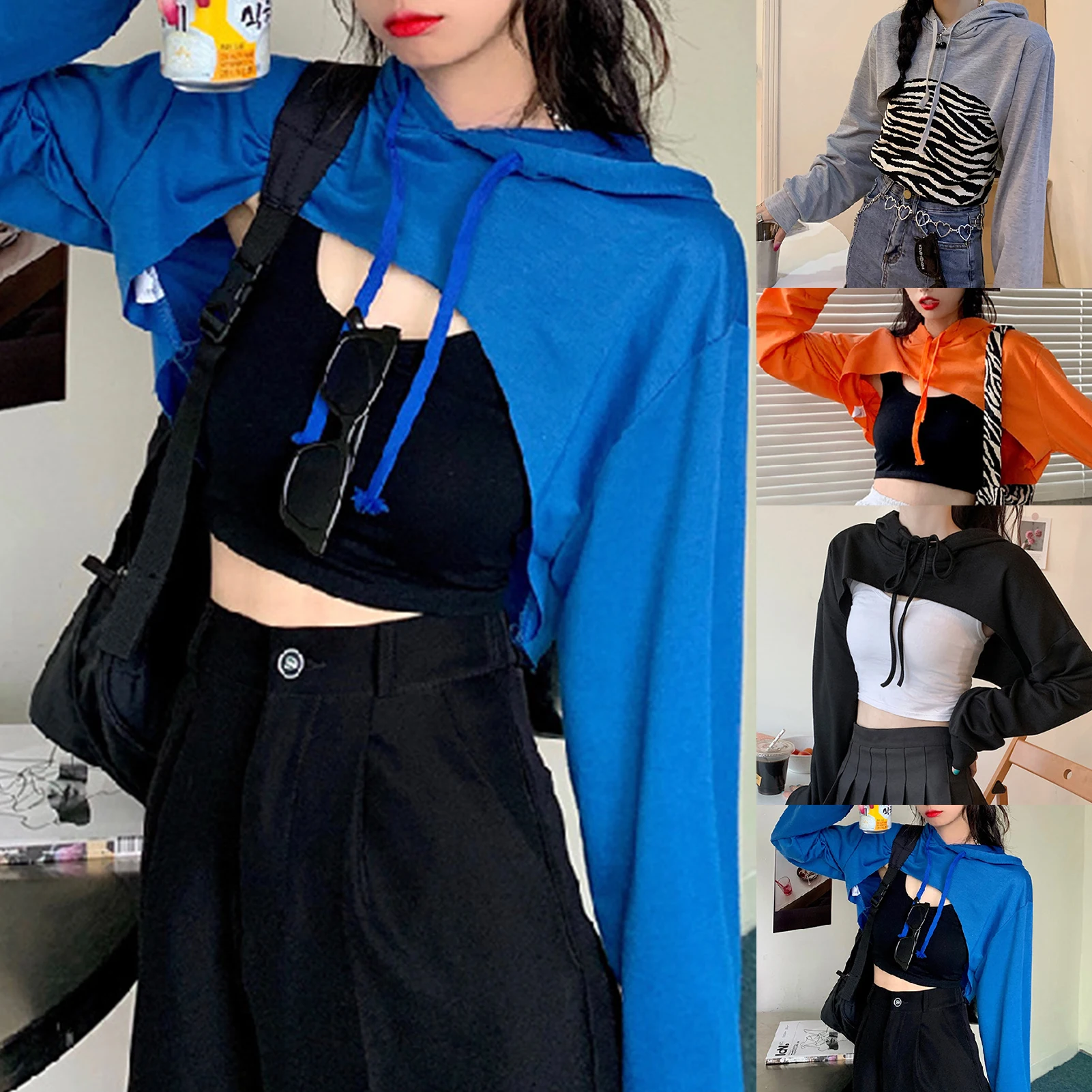 Women Solid Color Long Sleeve Drawstring Micro Hoodie Irregular Short Sweatshirt