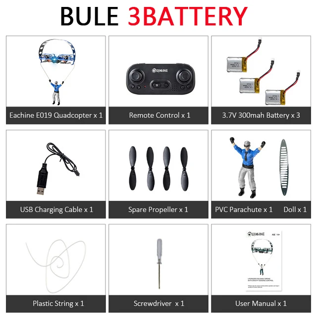 Blue 3batteries Eachine E019 2-осевой RC трюк парапланерный режим полета с режимом удержания высоты Дрон Квадрокоптер RTF - Цвет: Blue 3batteries