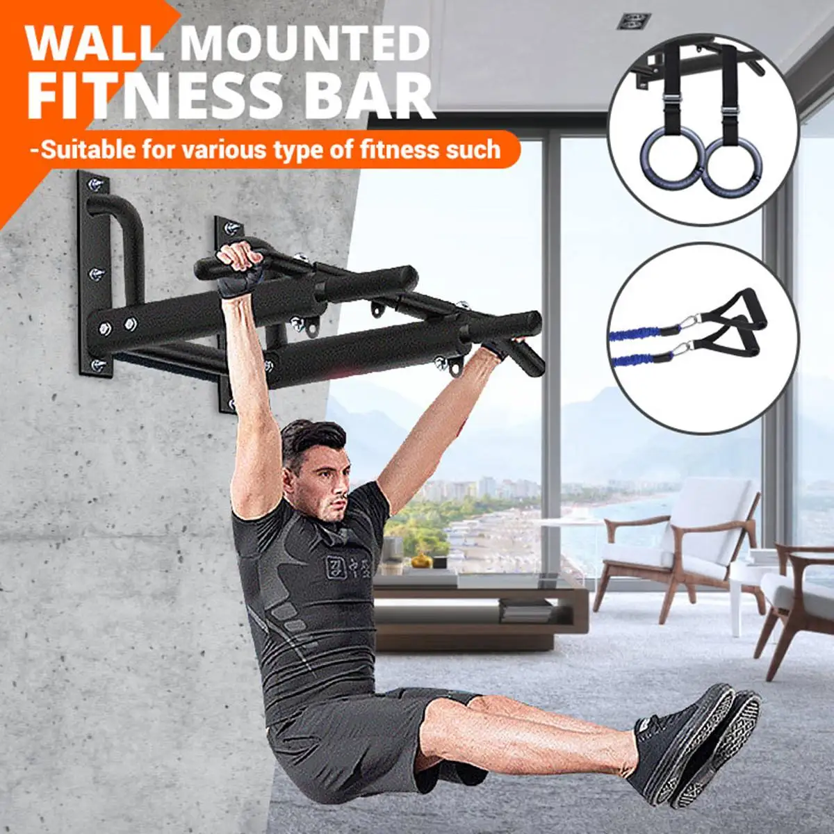 

Pull Up Bars Gymnastics Wall Mounted Horizontal Multi Function with Resistance Band/Hand Ring Home Gym Training Tools Traction