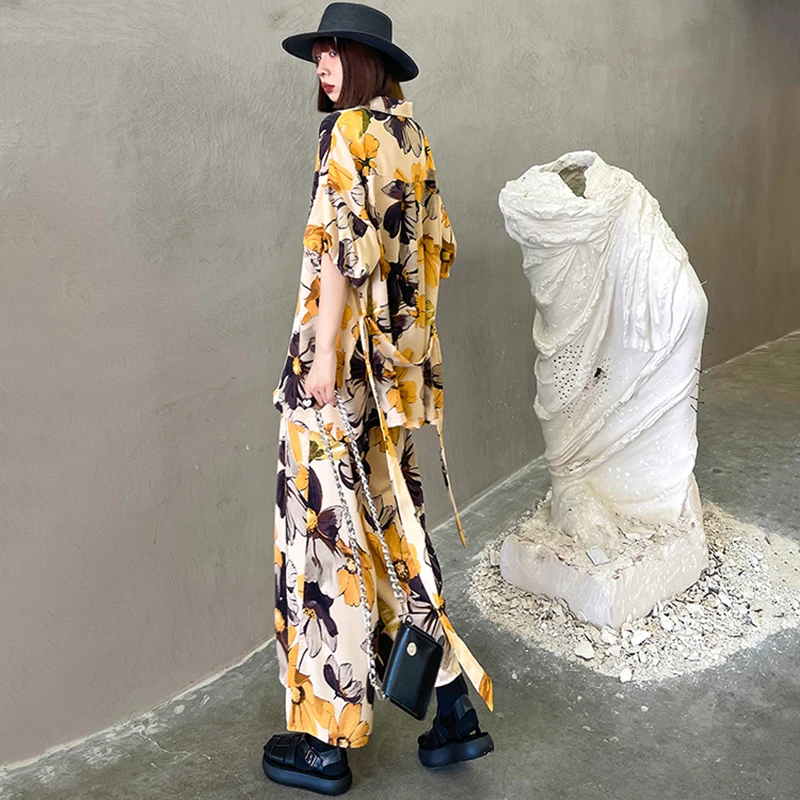 

[EAM] Wide Leg Pants Big Size Two Piece Suit New Lapel Half Sleeve Black Loose Fit Women Fashion Spring Summer 2021 1DD9316