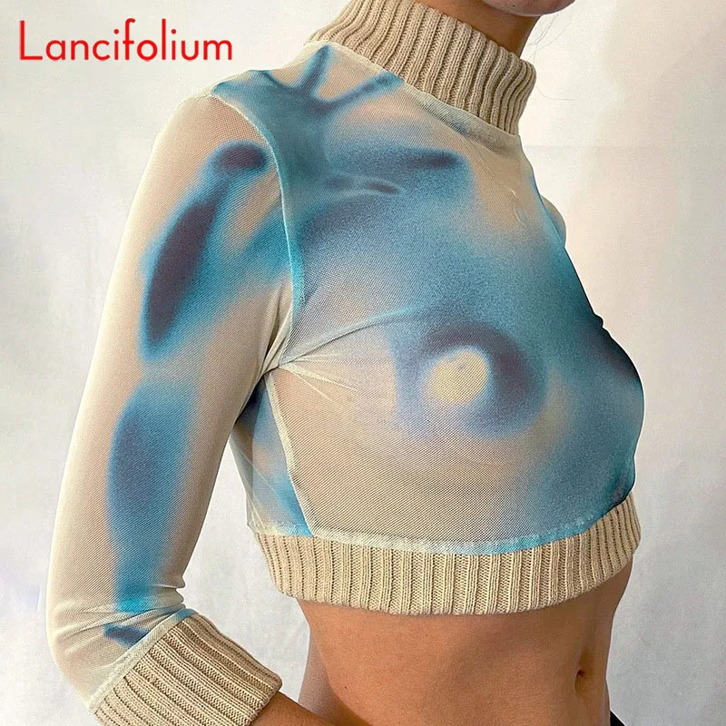 

Fall 3/4 Sleeve Mock Neck Tees Korean Fashion Knit Mesh Patchwork Gradient Tshirt Y2k Harajuku Sexy Crop Tops T Shirt Women 2021