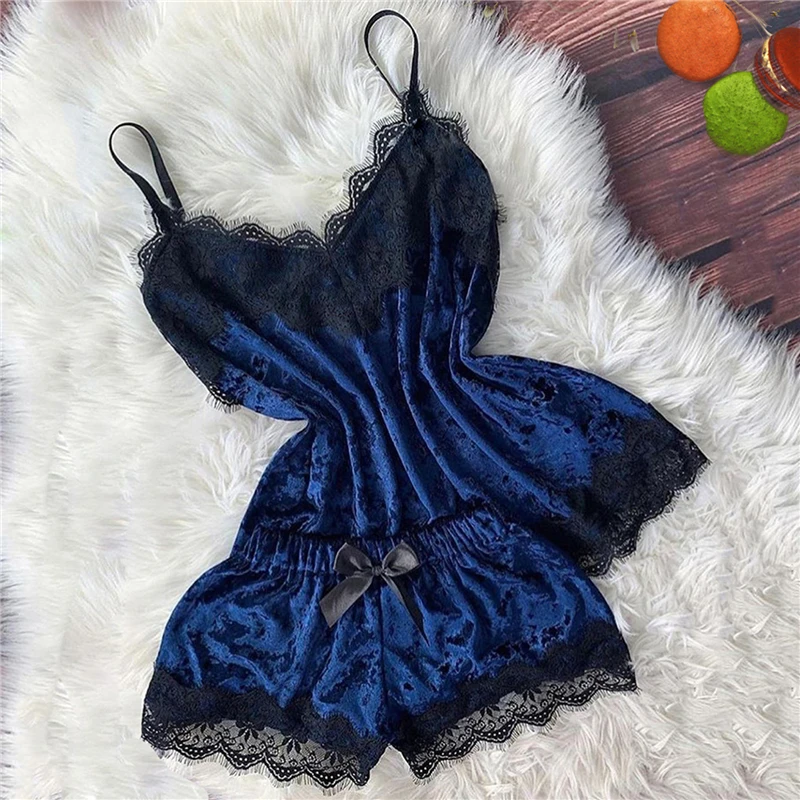

2021 New Women Sexy Sleepwear Fashion Ladies Lace Pajama Set Suspender Tops Bowknot Shorts Underwear Pajamas Suit