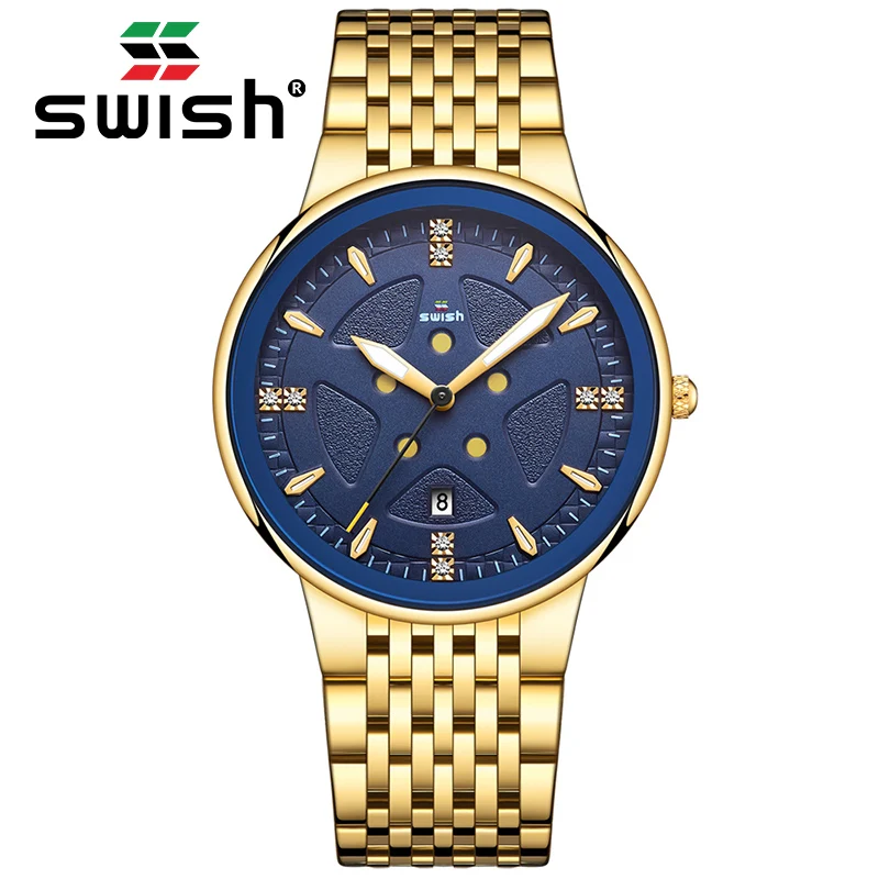 

SWISH Fashion Watches for Men Business Quartz Wrist Watch Stainless Steel Gold Clock Waterproof Date часы мужские наручные