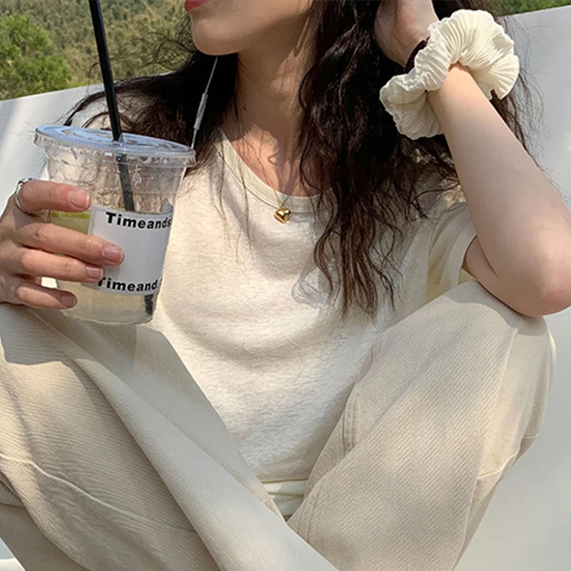 

O-Neck Solid T-Shirt Women Korean Version Simple Loose Tees Woman Daily Casual Sweet T-Shirts Ladies Summer 2021