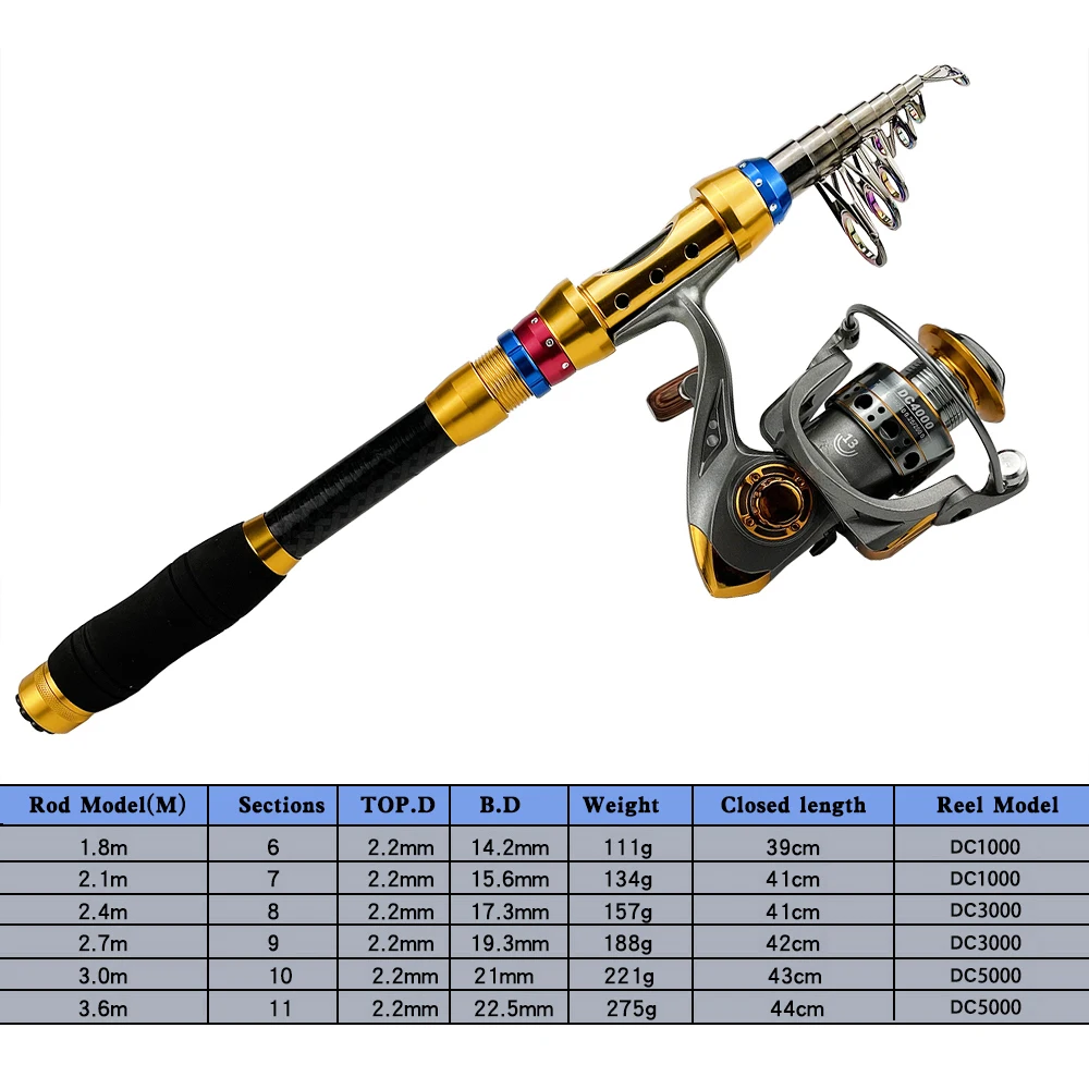 

Spinning Fishing Rod Travel Sea Pole 1.8m 2.1m 2.4m 2.7m 3.0m 3.3m 3.6m Carbon Telescopic Fishing Rod And Reel Combo Set