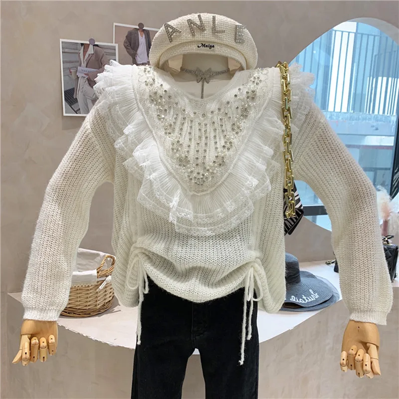 

NEW Niche Design Women's Clothing 2021 Autumn Stitching Design Ruffle Pleated Bottom Shirt Loose And Thin Temperament Knit Shirt