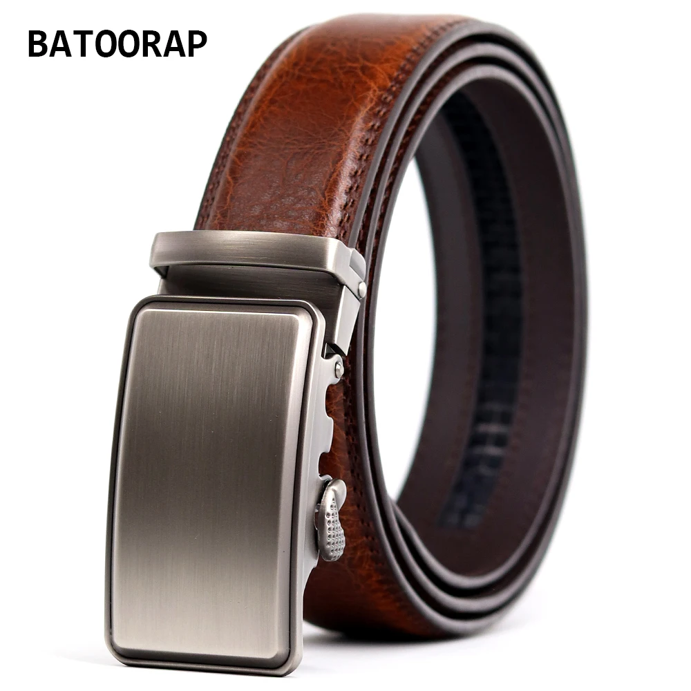 

Men's Belt Leather High Quality Luxury Gray Auto Buckle Formal Male Waist Strap Brown Cowhide Business Ratchet Belts ZY-KQS04