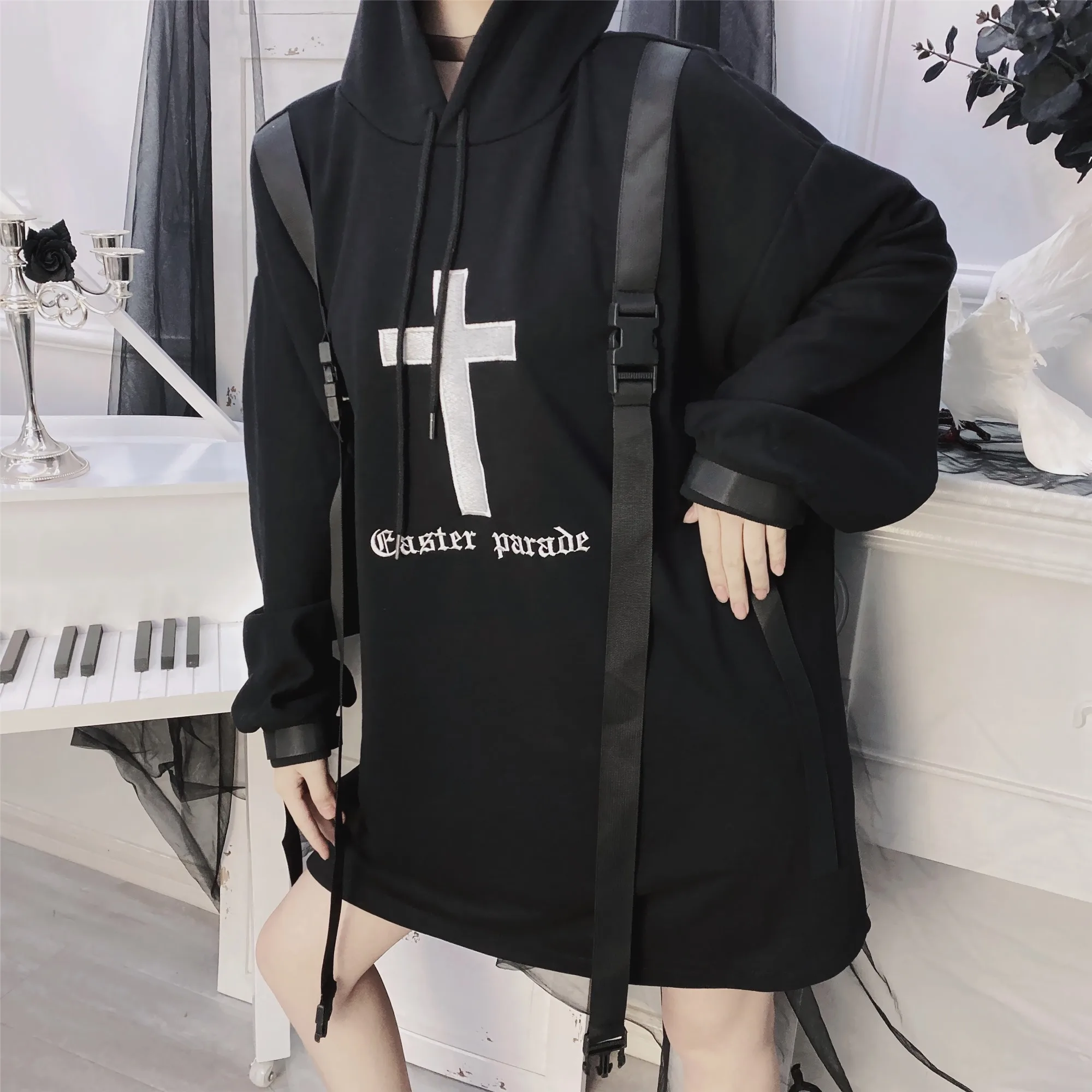 Ruibbit Женский свитшот Harajuku Готический мультфильм Печатный бархатный с капюшоном