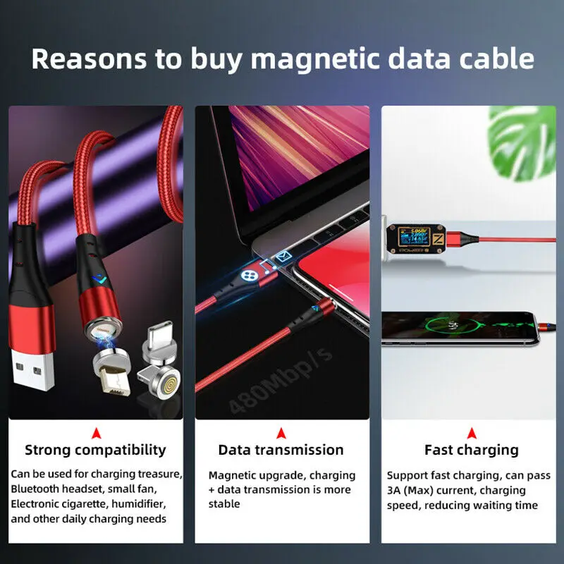 1m 2m 3A QC3.0 Магнитный зарядный кабель для быстрой зарядки Micro usb type C синхронизации
