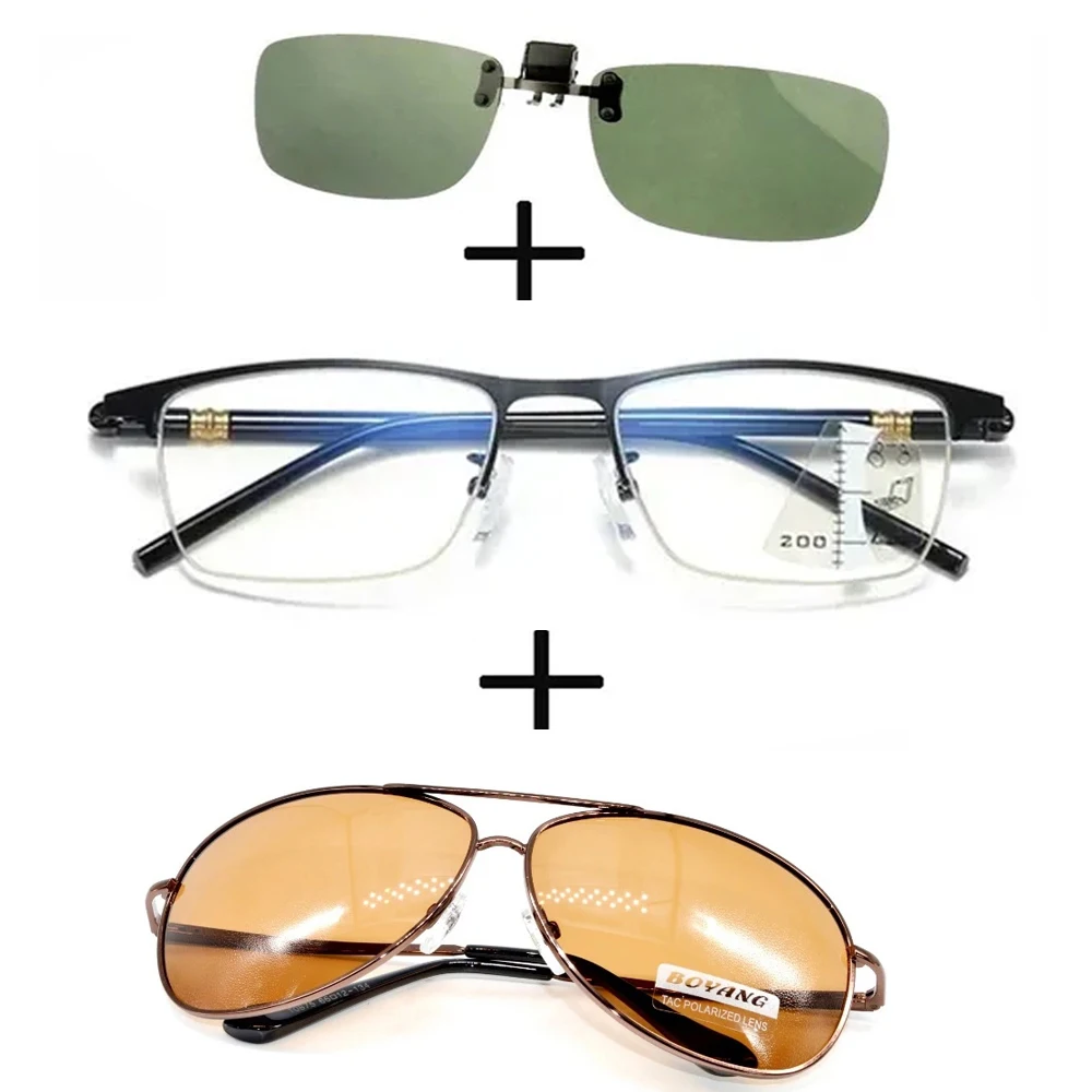 

3Pcs!!! Progressive Far and Near Business Reading Glasses for Men Women + Polarized Sunglasses Rectangular + Sunglasses Clip