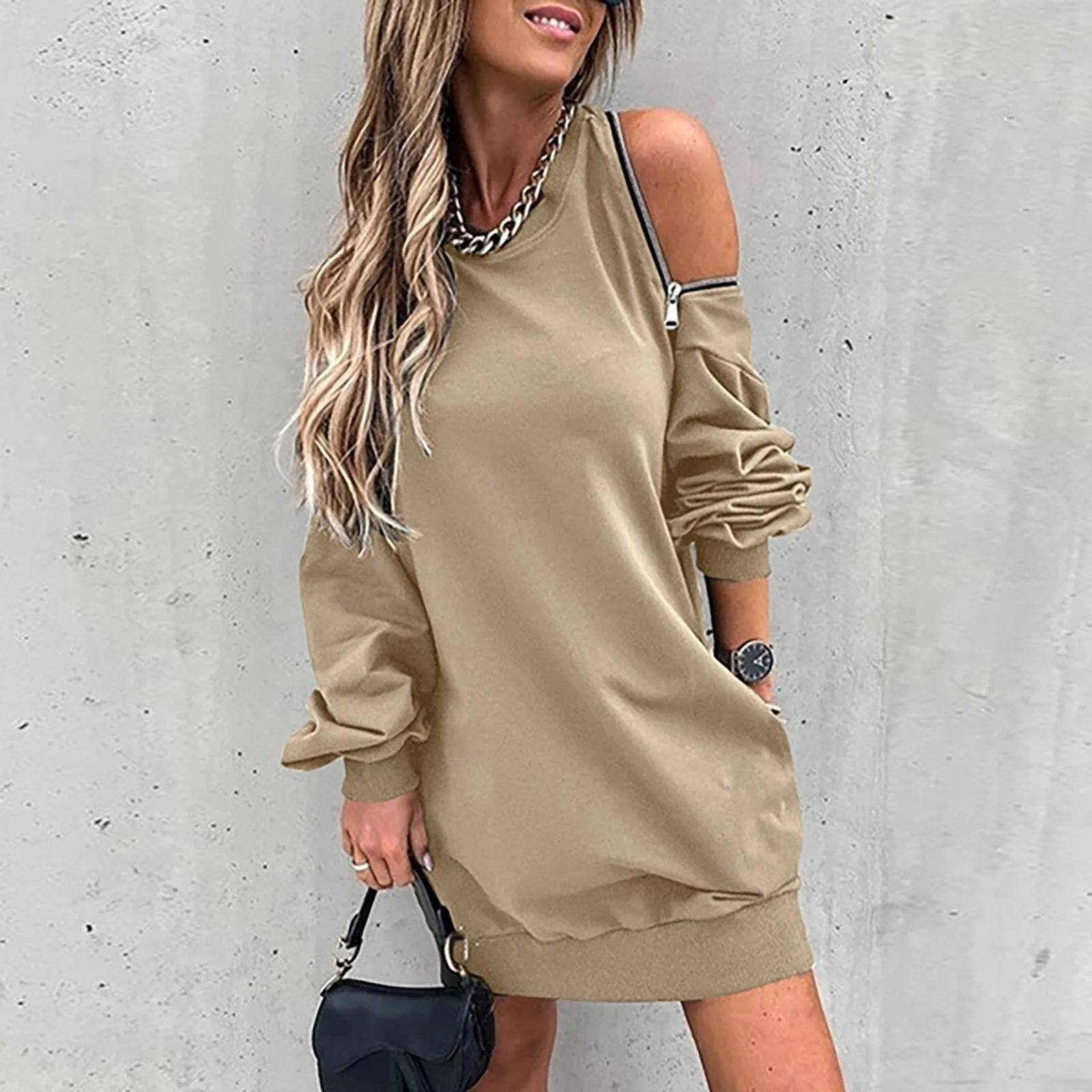 

2021 Women's Dress Fashion Zipper Off Shoulder Mini Dress Women Casual Long Sleeve Dresses With Pockets For Women Dresses robes