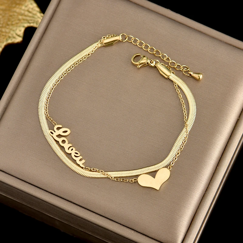 

No fading 316L stainless steel two-layer chain bracelet heart-shaped pendant romantic sweet fashion women's gift jewelry