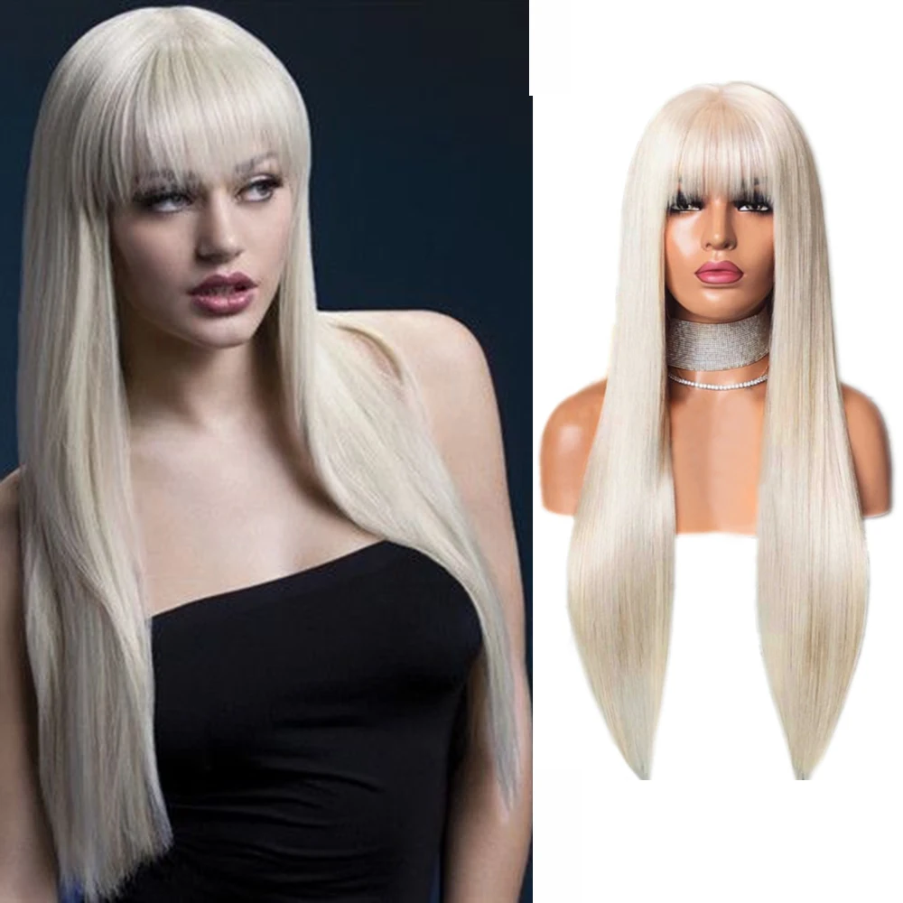 AIMEYA платиновый блонд передний кружевной парик с челкой для женщин Термостойкое