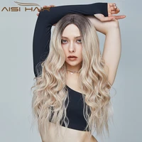 aisi hair long wavy platinum synthetic wig with dark roots middle part natural heat resistant wig for women party daily use