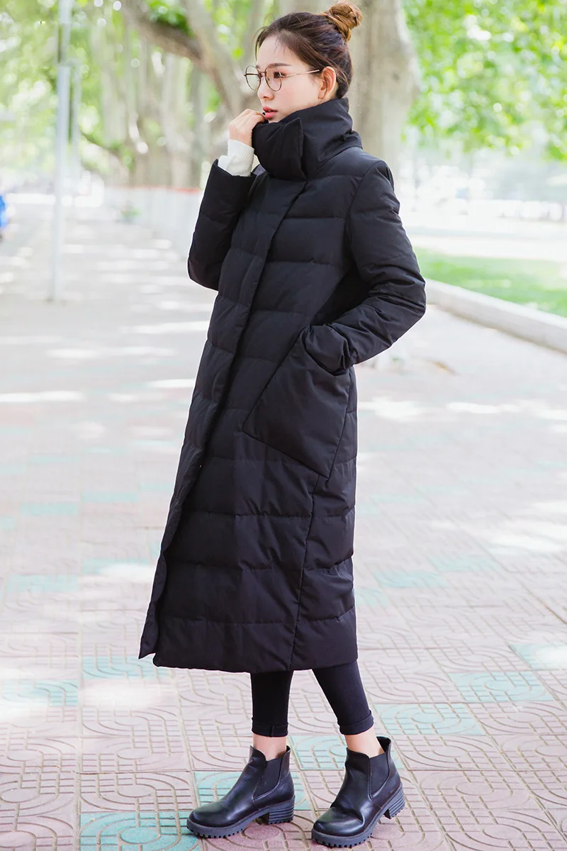

double Winter 18 new women's breasted down jacket stand collar mid length slim