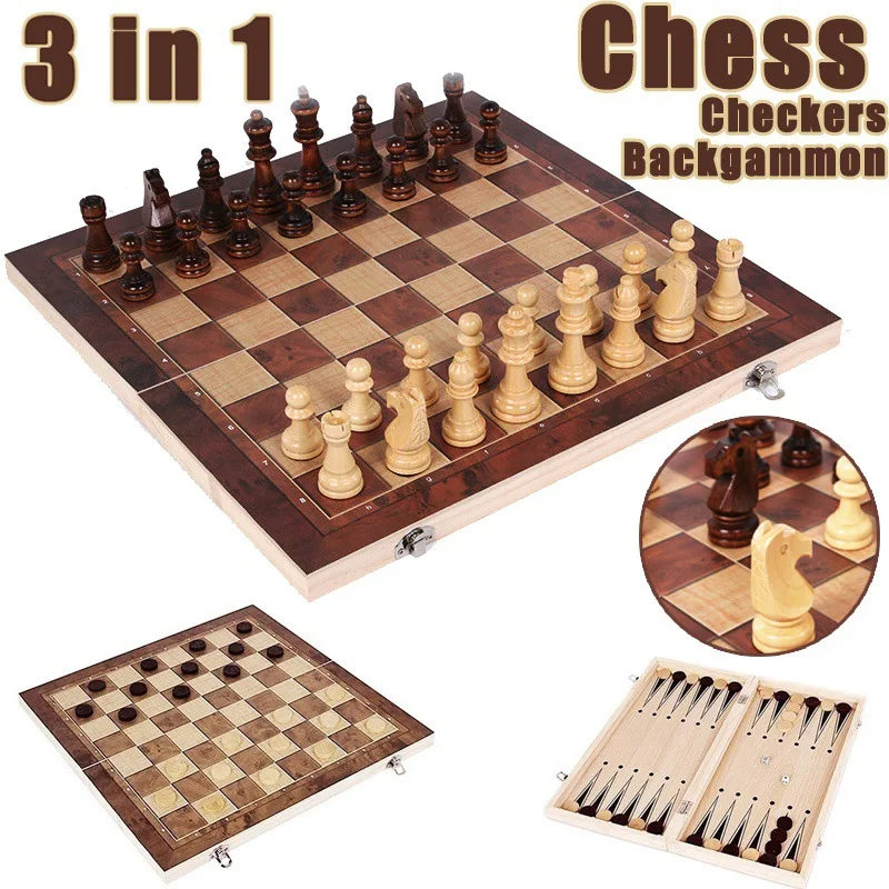 

4 size 3 IN 1 Wooden International Chess Set Wooden Chess Board Games Checkers Puzzle Game Engaged Birthday Gift for Kids
