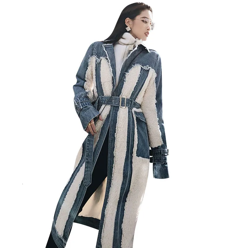 TWOTWINSTYLE Hit Color Patchwork Denim Tassel Trench Coats For Women Lapel Collar High Waist Sashes Windbreakers Autumn New