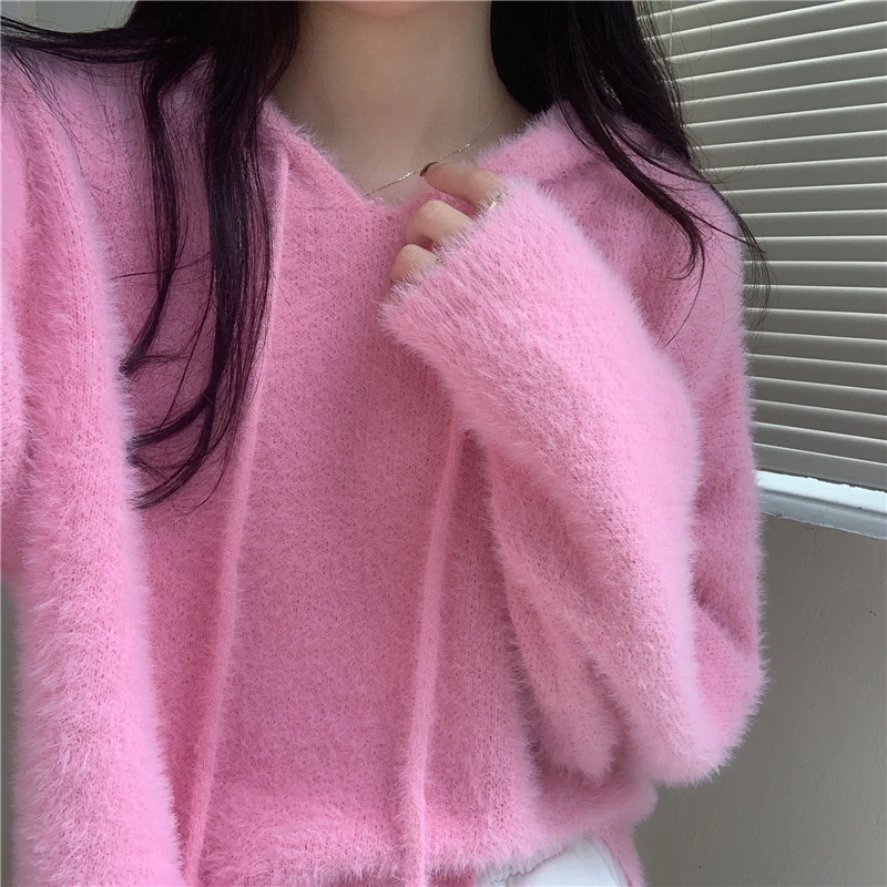 

Alien Kitty Hooded Pullover Women Sweaters Solid Color Knitting Ladies Top 2021 New Winter Vintage Minimalist All-Match Loose