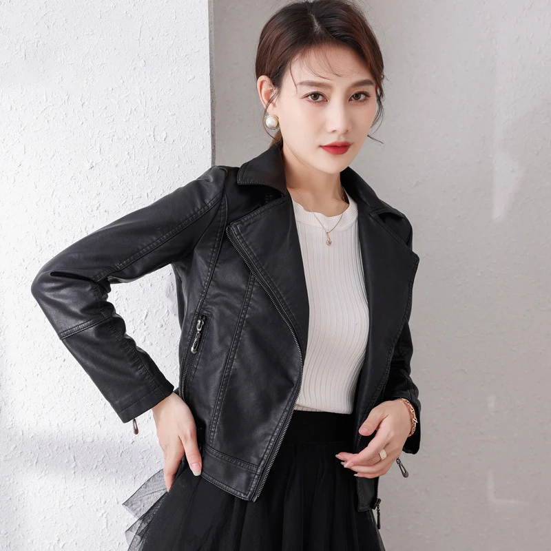

Женская Короткая кожаная куртка, Корейская мотоциклетная куртка из искусственной кожи, приталенная кожаная куртка, Новинка весна-осень 2021, ...