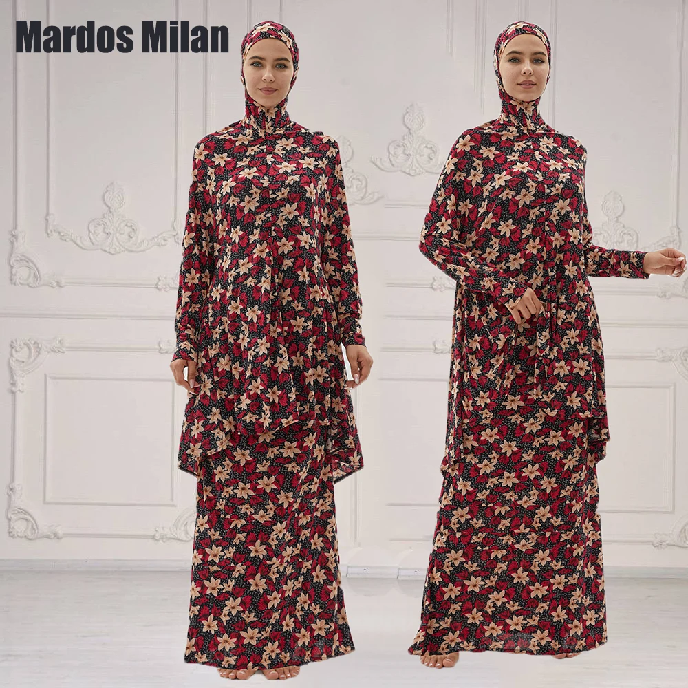 Muslim Traditional Prayer Garment Womens Kaftan Turkey-African Hooded Abaya Suits Hijab With Skirts Islam Tops Bottoms Floral
