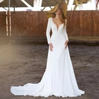 Трикотажное свадебное платье с длинным рукавом, глубоким V-образным вырезом и шлейфом, 2021