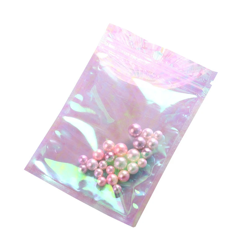 

Thick Reclosable Holographic Pink Zipper Packaging Bag Cosmetic Jewelry Flat Pouches Laser Small Plastic Zip Lock Bags 100pcs