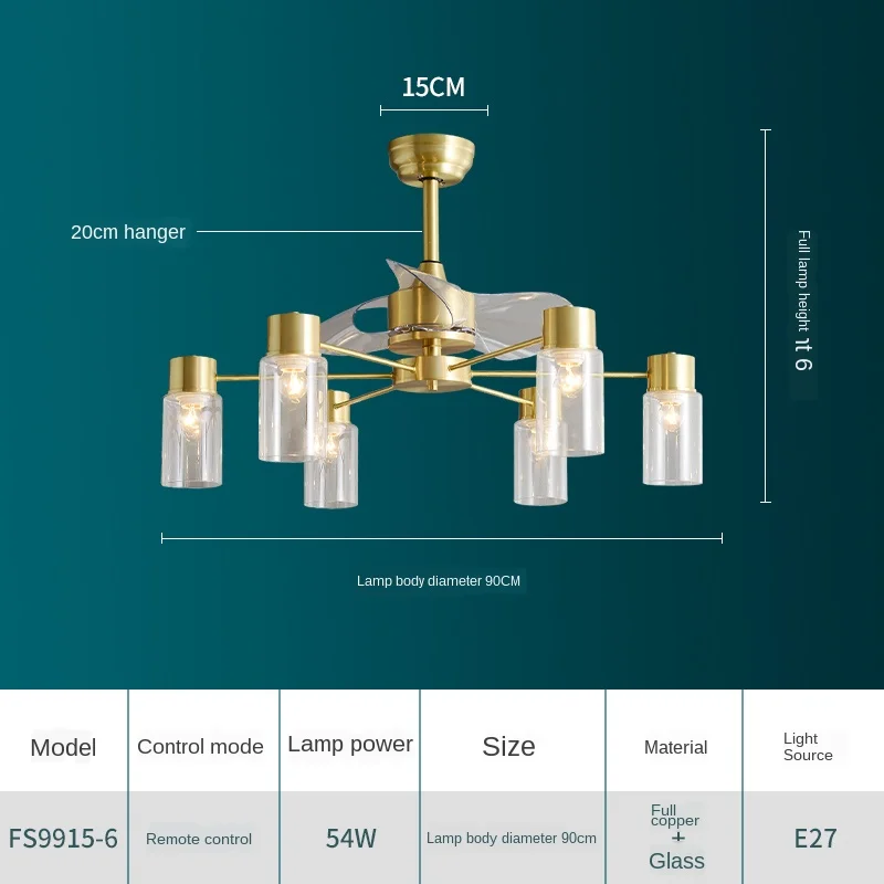 

glass Led Ceiling Fan 42 inch lamps lamp remote control copper Invisible Simple home living room three color