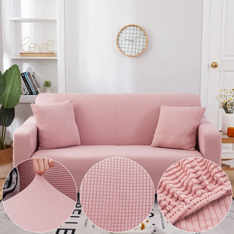 

Plaid Corn Fleece Fabric Pink Sofa Cover For Living Room Solid Color All-inclusive Modern Elastic Corner Couch Slipcover 45012