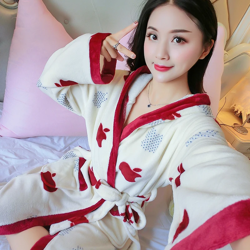 R Q 8561 hong Новые халаты, женский длинный халат, цветочное Фланелевое теплое кимоно, банный халат для подружки невесты на свадьбе, халат, халат, женская ночная одежда - Цвет: R Q 8561 hong