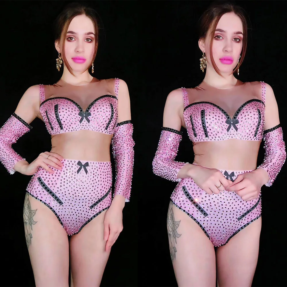 Розовый боди в стразах Соблазнительные личность костюмы для сцены девушек