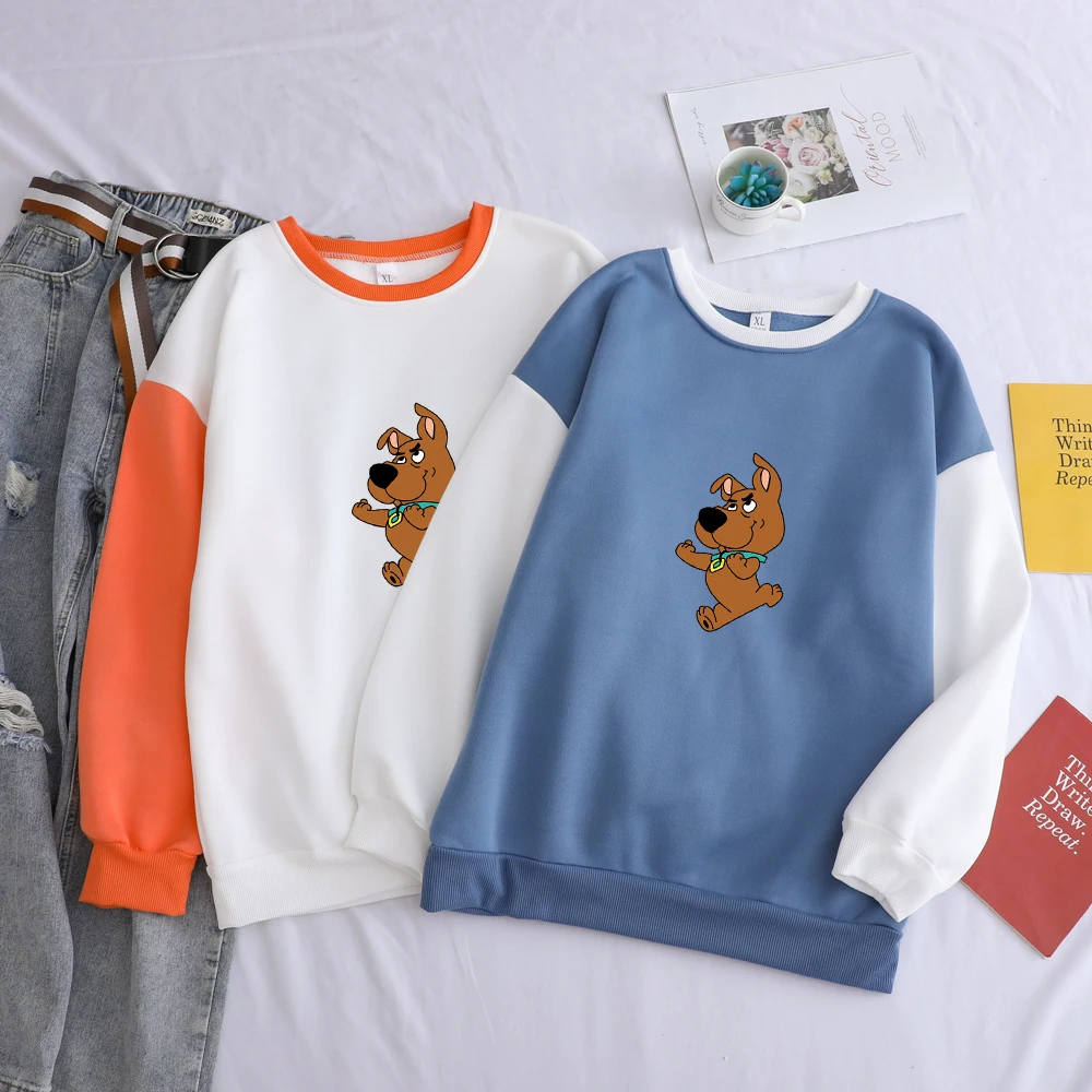 

Autumn Winter New Fleece Hoodies Women Casual Streetwear Contrast Color O-neck Pullovers Harajuku Kawaii Cartoon Dog Sweatshirts