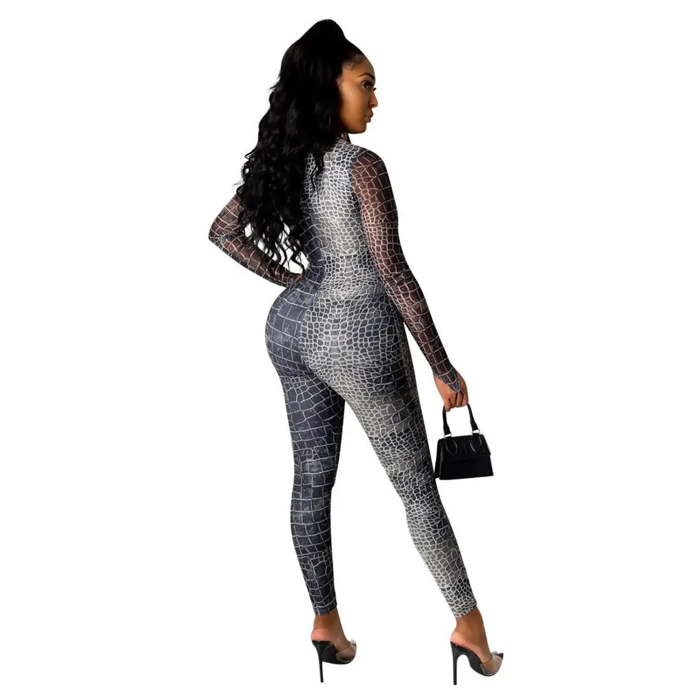 

New Arrivals Fashion Serpentine Pattern Women Party Jumpsuits Autumn 2020-2021 Long Sleeves O Neck Sexy Nightclub Ladies Rompers