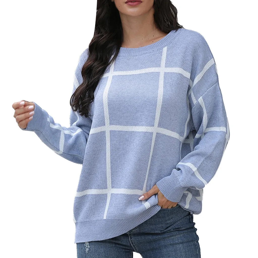 Женский свитер свободного покроя вязаный пуловер в клетку с длинным рукавом