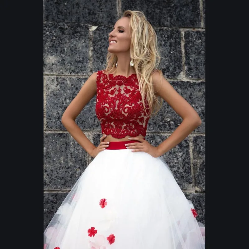 MoonlightShadow Unique Red Flower Wedding Dresses A-Line O-Neck Sleeveless Appliques Fluffy Bridal Gown Vestido de novia