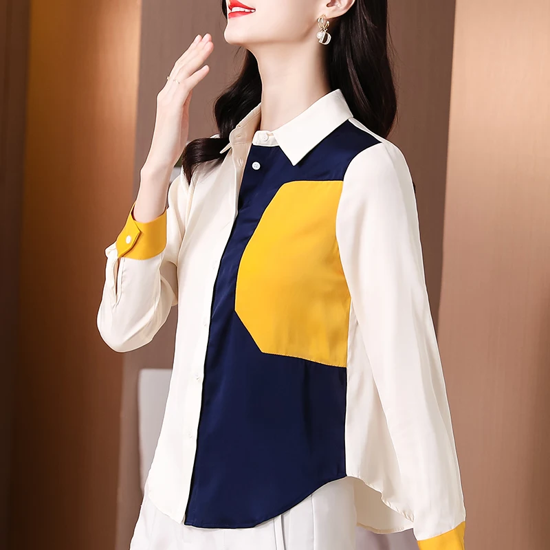 

Chiffon Women's Blouse Loose Polo Girl's Shirt Spring Autumn Clothing Long Sleeve Top Casual Splicing Lady Blusas Houthion