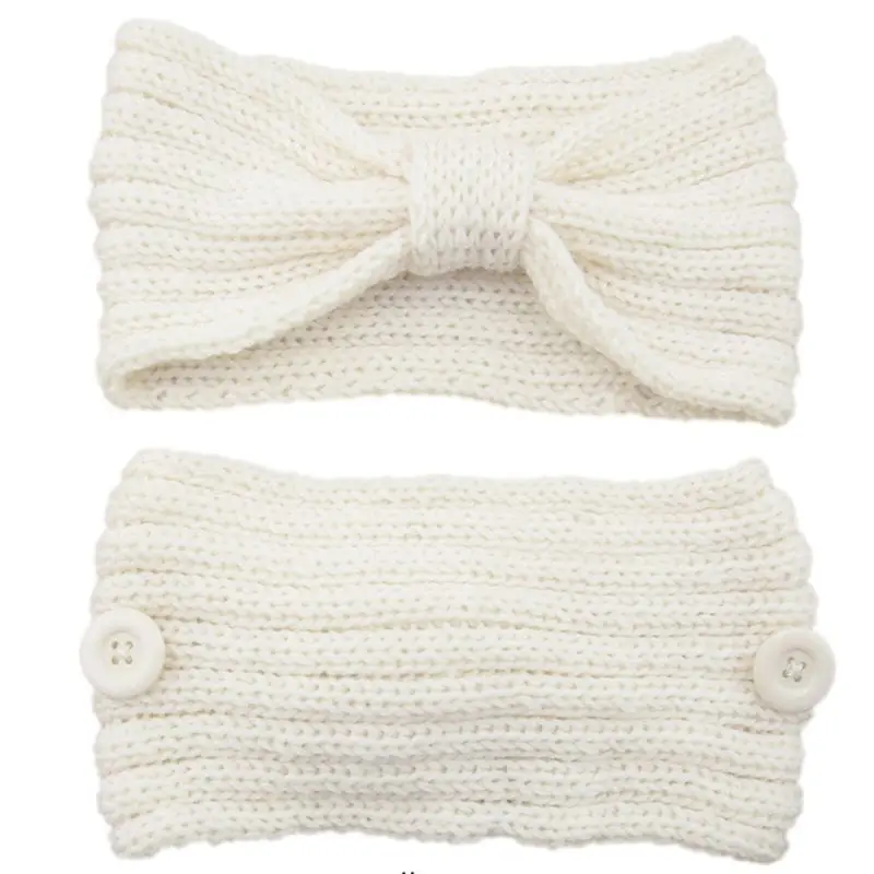 

Women Chunky Knit Striped Headband with Ear Protection Buttons Bowknot Hairband L4ME