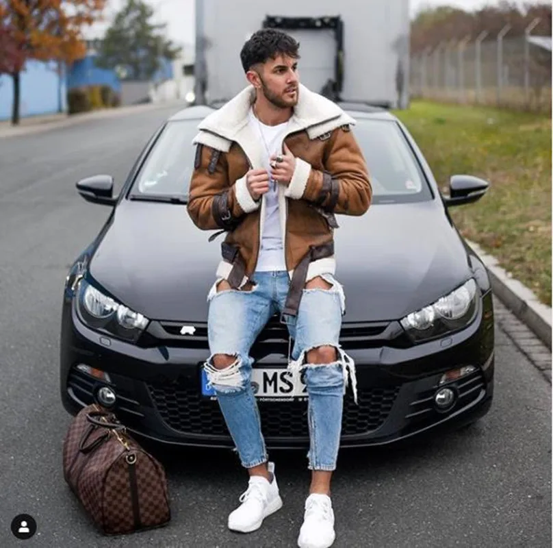 Новинка Осень/Зима 2021 мужские джинсовые брюки с разбитыми коленями модные