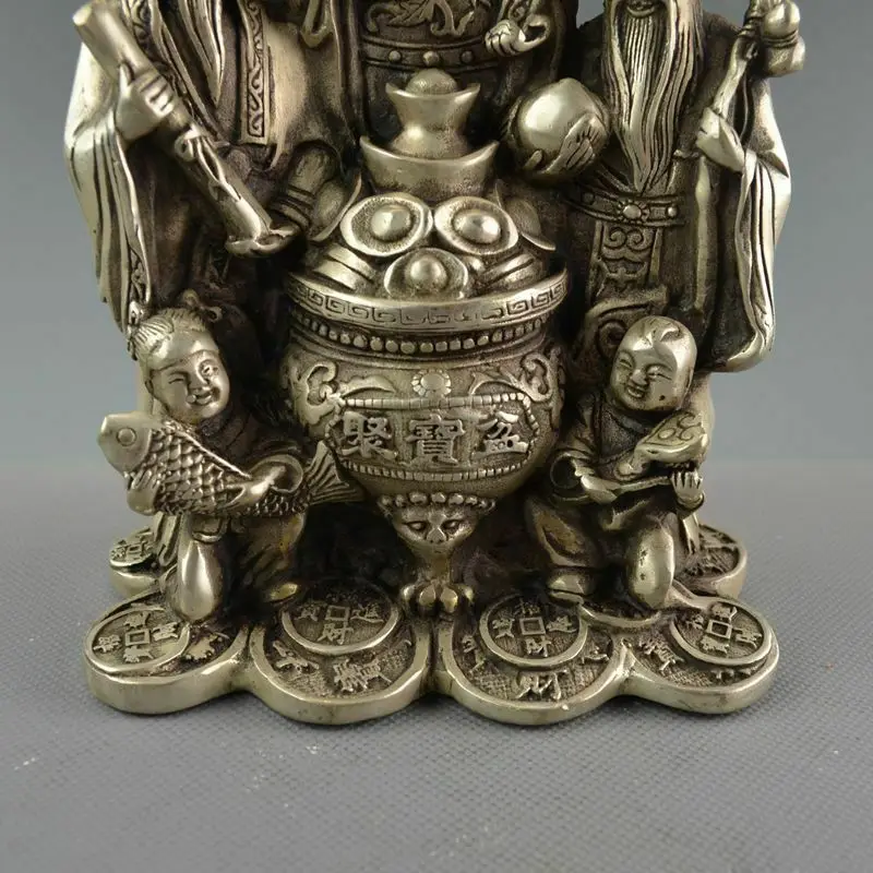 

China White Copper Silver Fukurokuju Three Lucky God Wealth Longevity Statue