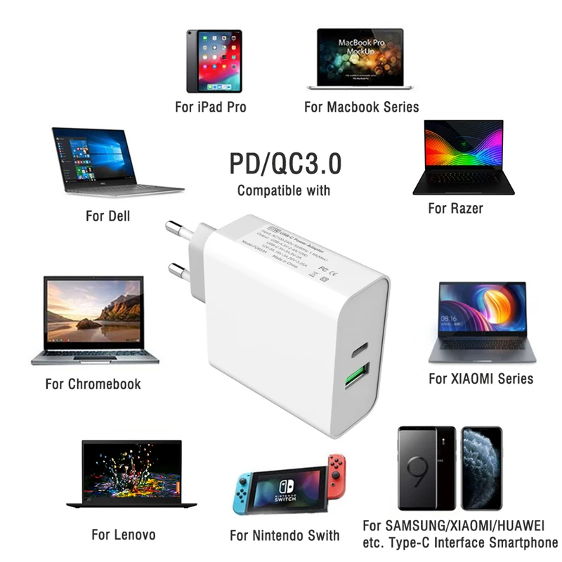 87W PD Type-C Fast Charging Adapter 2 Port Quick Charger For MacBook Pro/Air Lenovo Dell Nintendo Switch 2M E-mark USB-C Cable | Мобильные