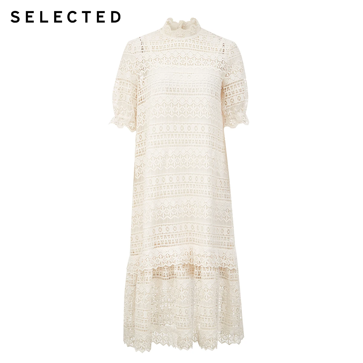 Женское кружевное платье средней длины со стоячим воротником и вырезами модель S