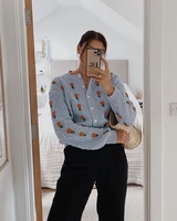 summer woman red flower floral cute sweaters cardigan crewneck long sleeve blue knitted sweater women clothes knitwear tops 2021