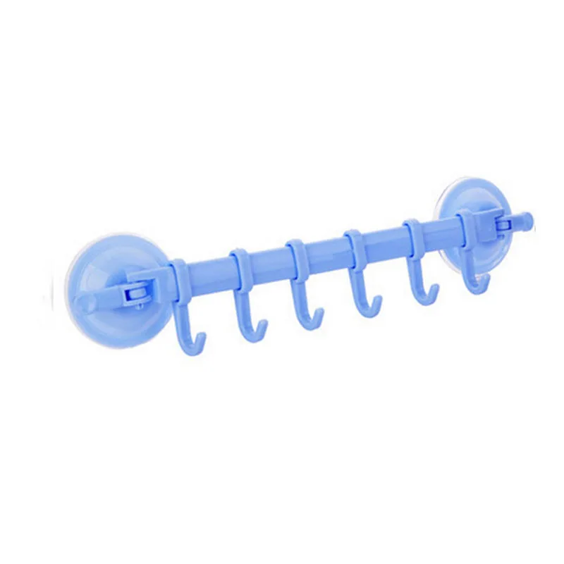 Пластиковая настенная полка для ванной присоска крюк Nail locked с 6 крючками для кухни аксессуары для ванной комнаты настенный крючок продукты 5 цветов - Цвет: Синий
