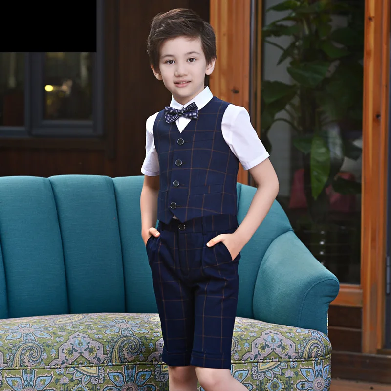 

High Quality Plaid Vest Shirt Shorts Bowtie 4pcs Kids Clothing Set 3-16Y Boys Formal Party Wedding Prom Suit Set Children Outfit
