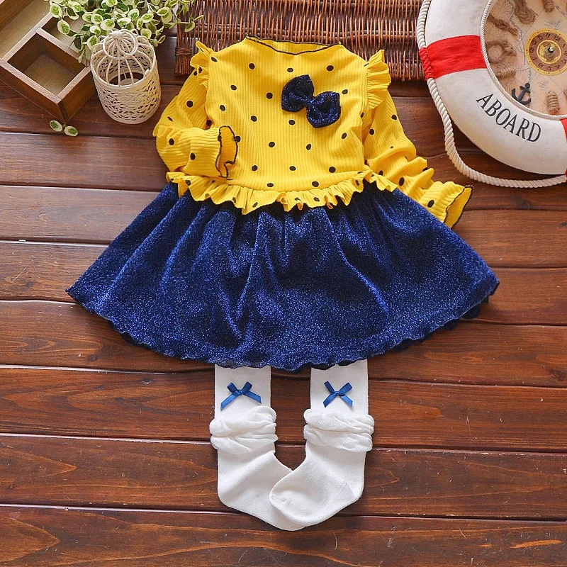 

6M-4T Autumn Casual Baby Girls Polka Dot Print Long Sleeve Patchwork Dress Kids Toddler Pageant Sundress New Arrival