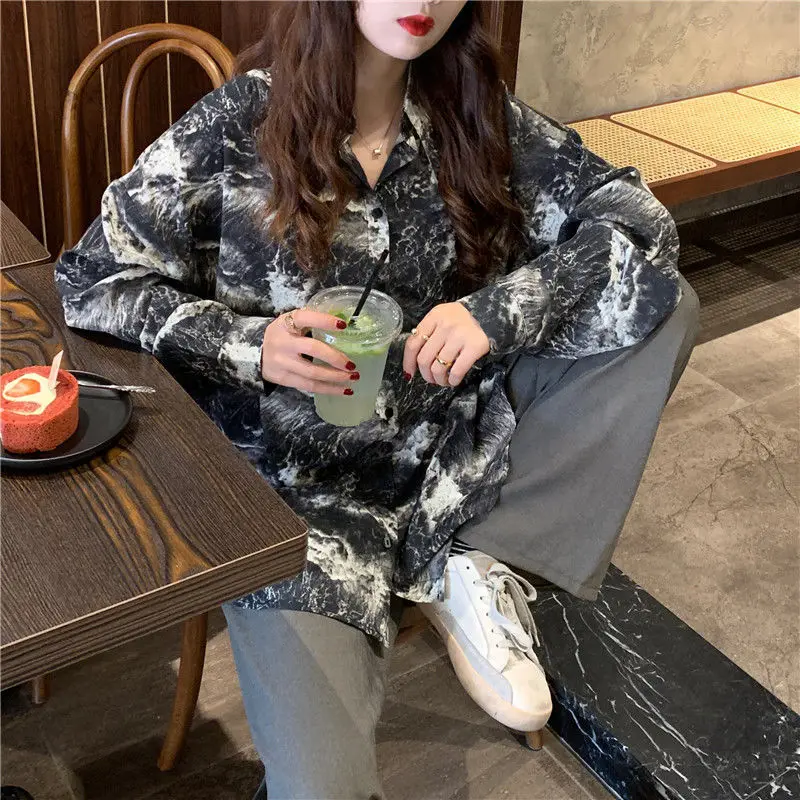 

QWEEK Vintage Blouse Women Long Sleeve Tops Tie Dye Printed Shirt Women 2021 Korean Fashion Oversized Turn Down Collared Shirt