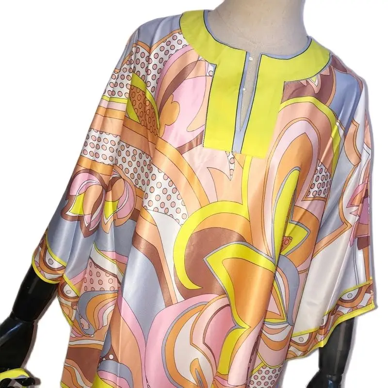 

2020 Floor Length Silk Dress Women Knit Elastic Bohemian Print Elegant Leaves Over Size Loose New Autumn Fashion