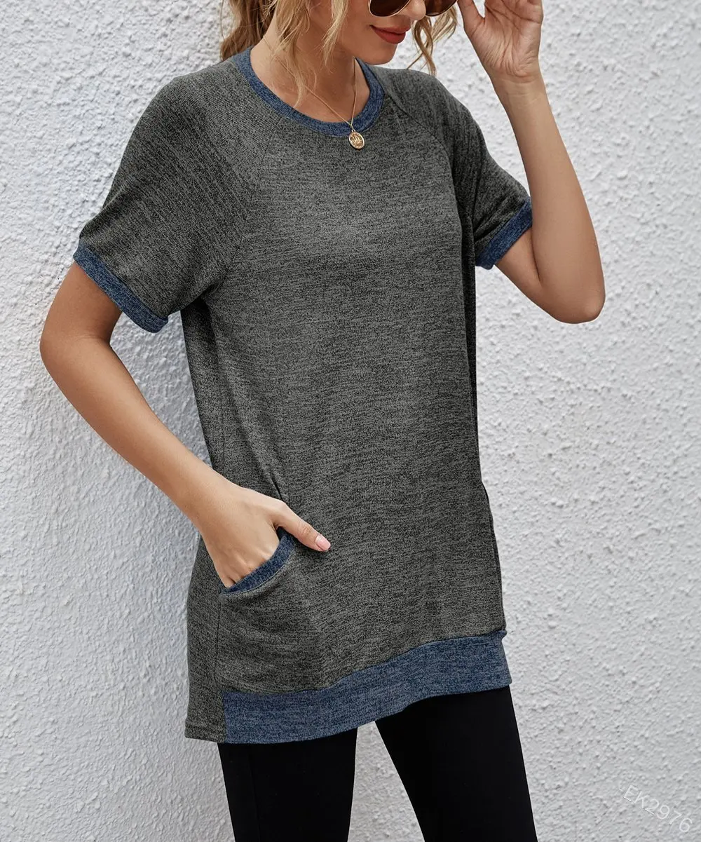 

Женская блузка с коротким рукавом и круглым вырезом, облегающая длинная однотонная Базовая Повседневная футболка с цветными вставками и ка...