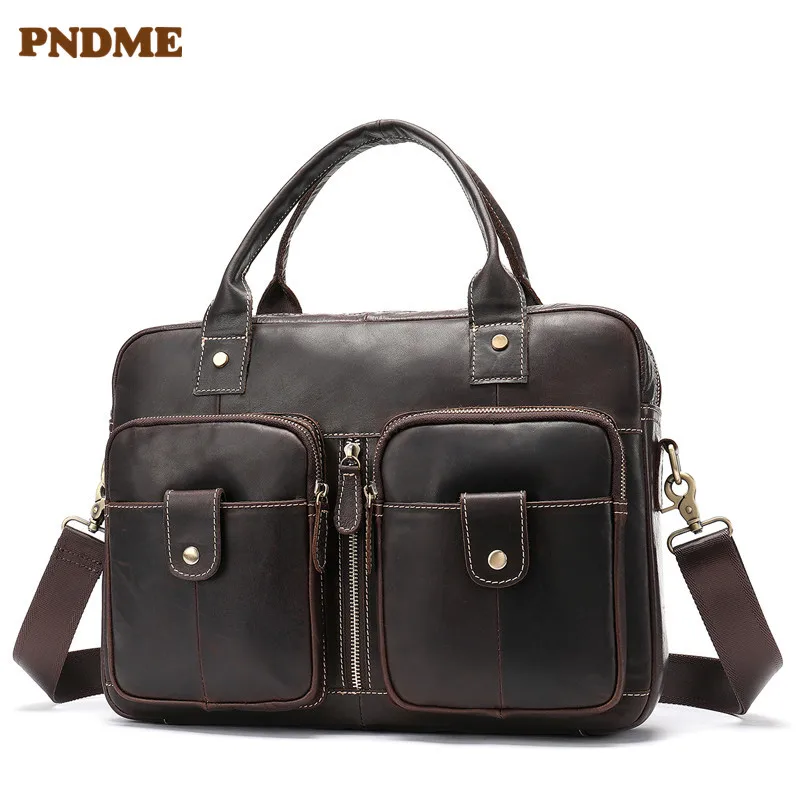 

Мужской портфель из натуральной кожи PNDME, Простой деловой мессенджер из воловьей кожи с несколькими карманами в стиле ретро, сумка для ноутб...