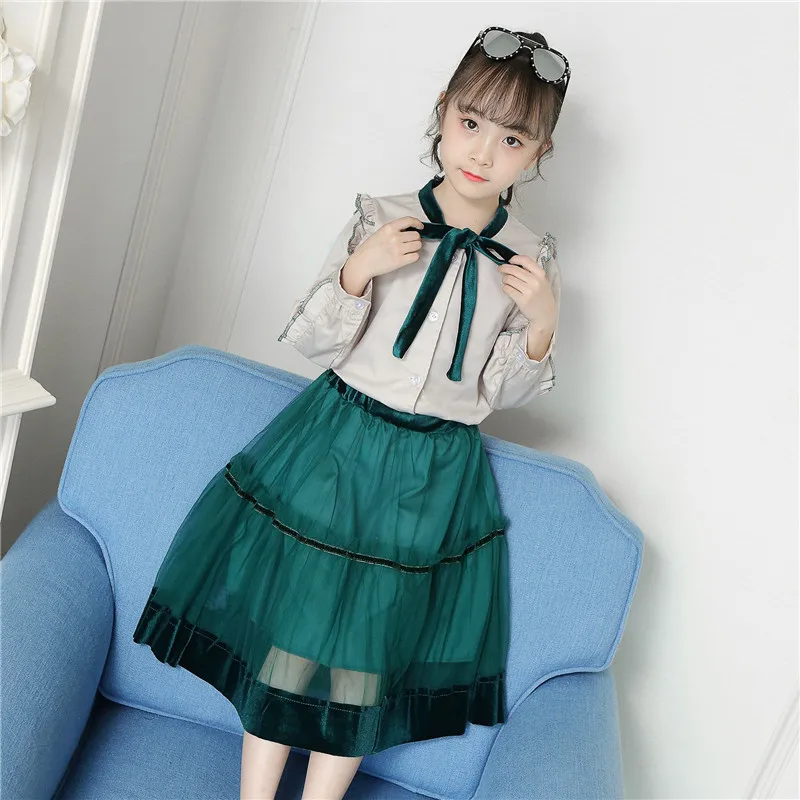 

Girls Long Sleeve Dress Set Autumn Winter Shirt Mesh Princess Dress Suit for Girl Kids Mesh Lace Dress Party Clothing Christmas